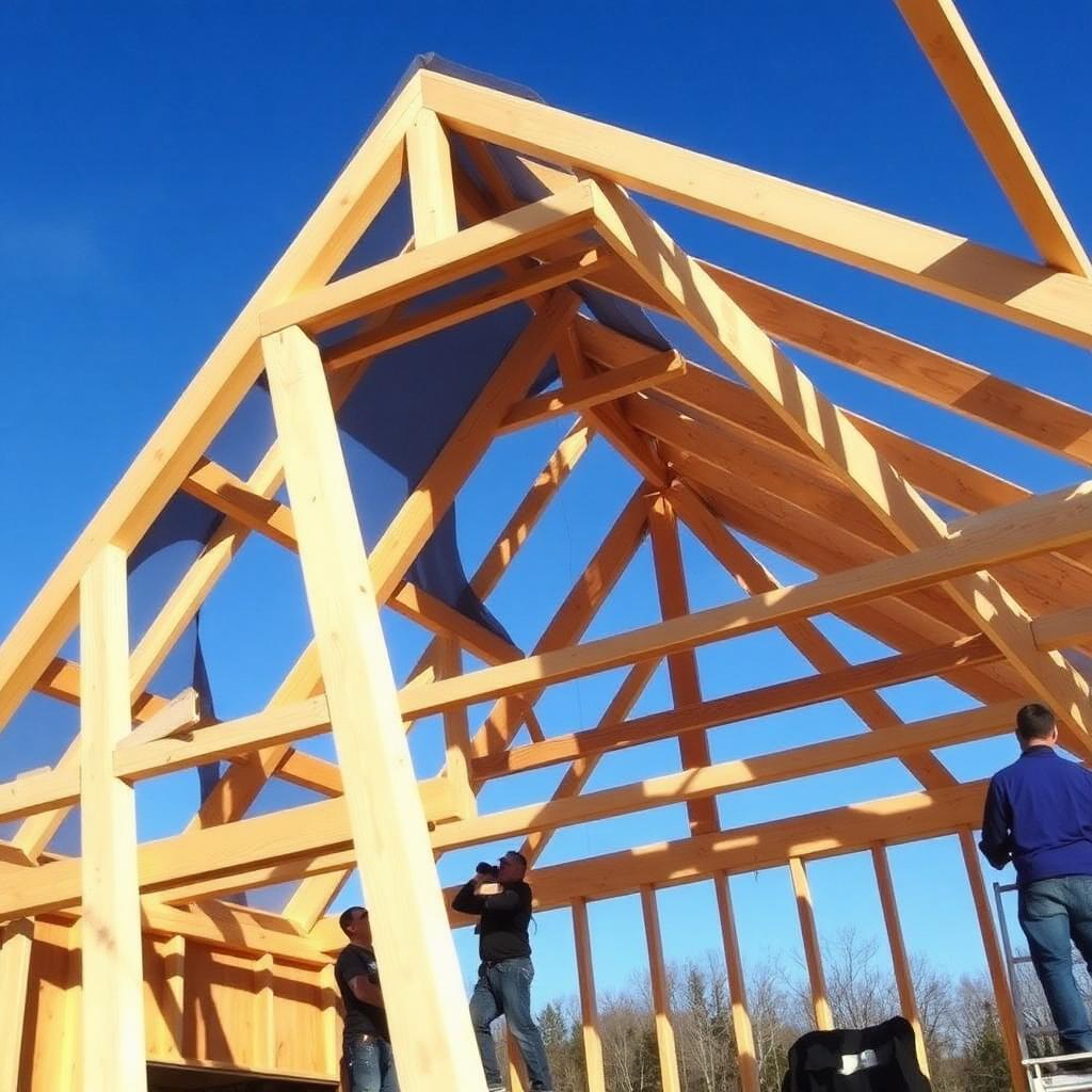 framing a gambrel roof with wood trusses raised on a garage