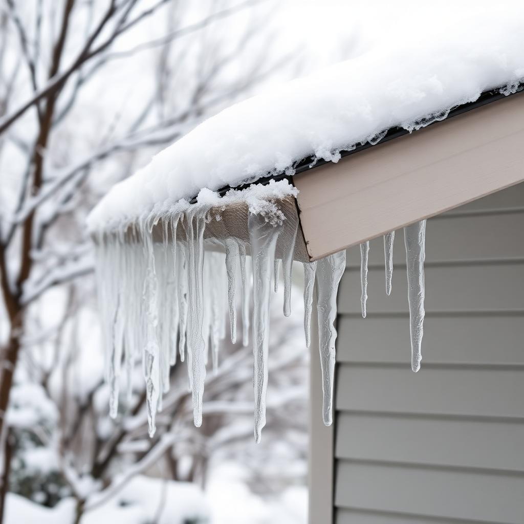 Ice dam at a cold eave after a thaw cycle. Farrell, PA.
