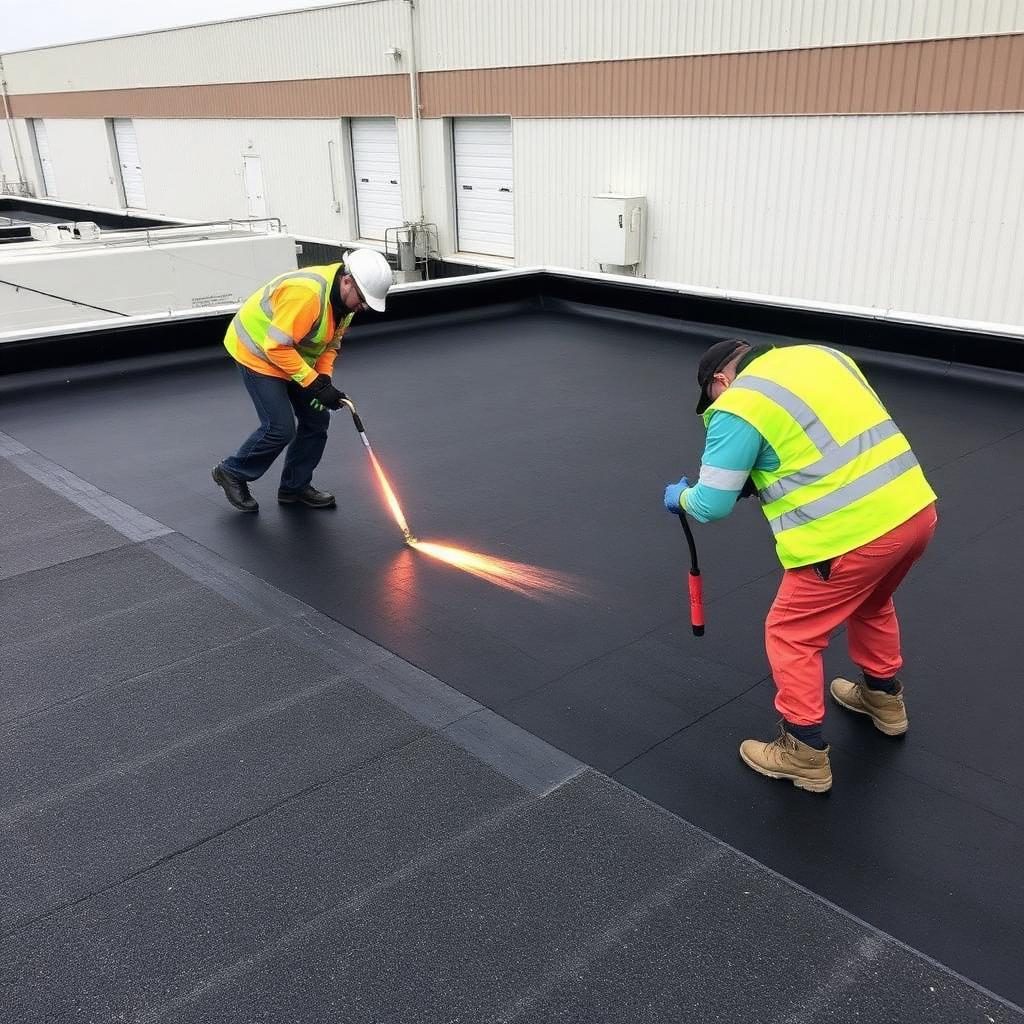 modified bitumen roofing installation on a commercial flat roof in Pennsylvania