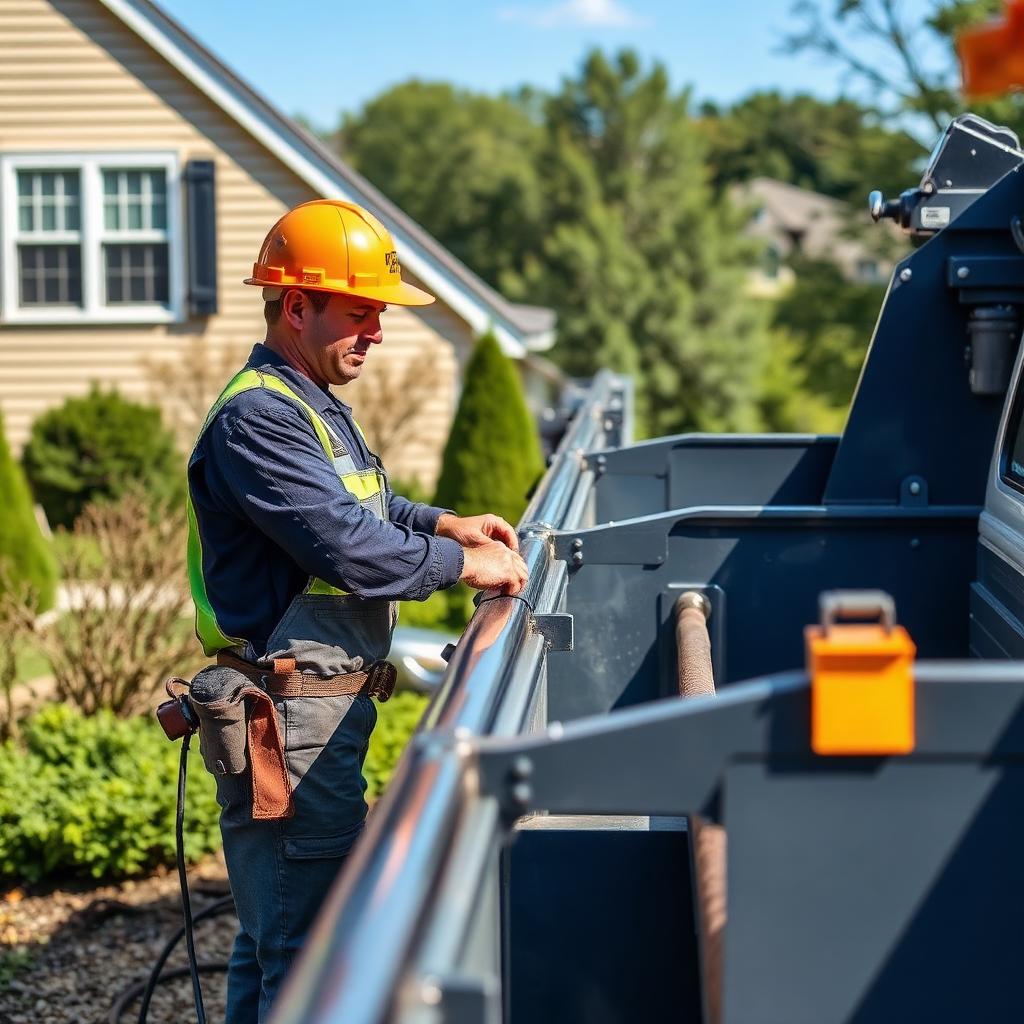 seamless gutter cost — installer running continuous aluminum gutter on a PA home