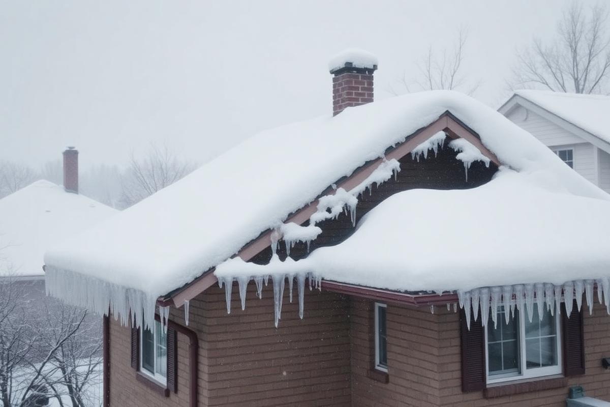Snow melting mid-roof over a warm attic while the eave stays frozen. Farrell, PA.