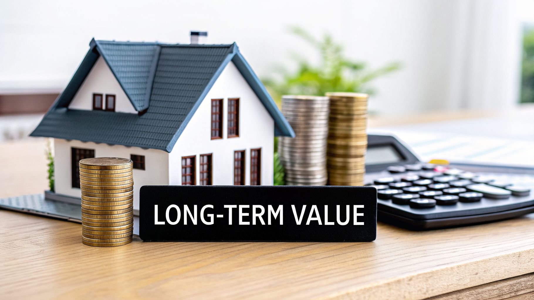 A miniature house, stacks of coins, and a calculator with a sign reading 'LONG-TERM VALUE'.