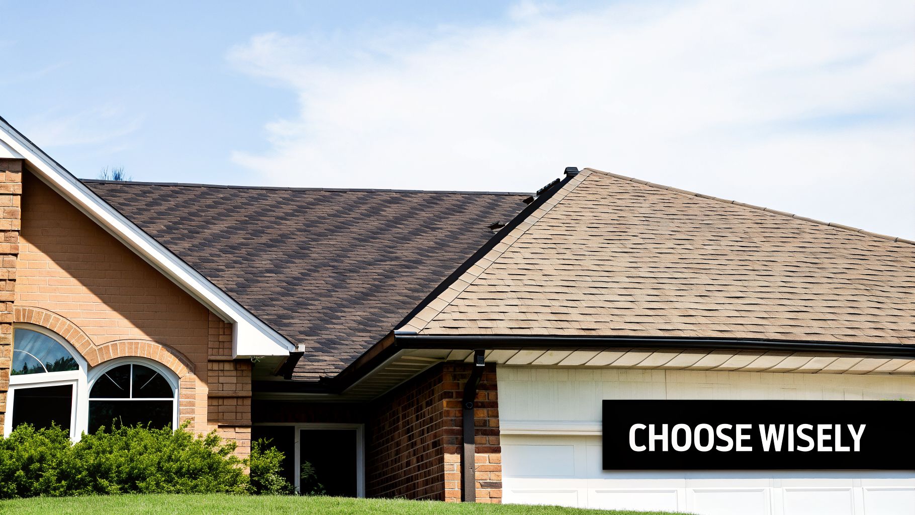 A house roof showcasing architectural and composition shingles side-by-side with a 'choose wisely' sign.