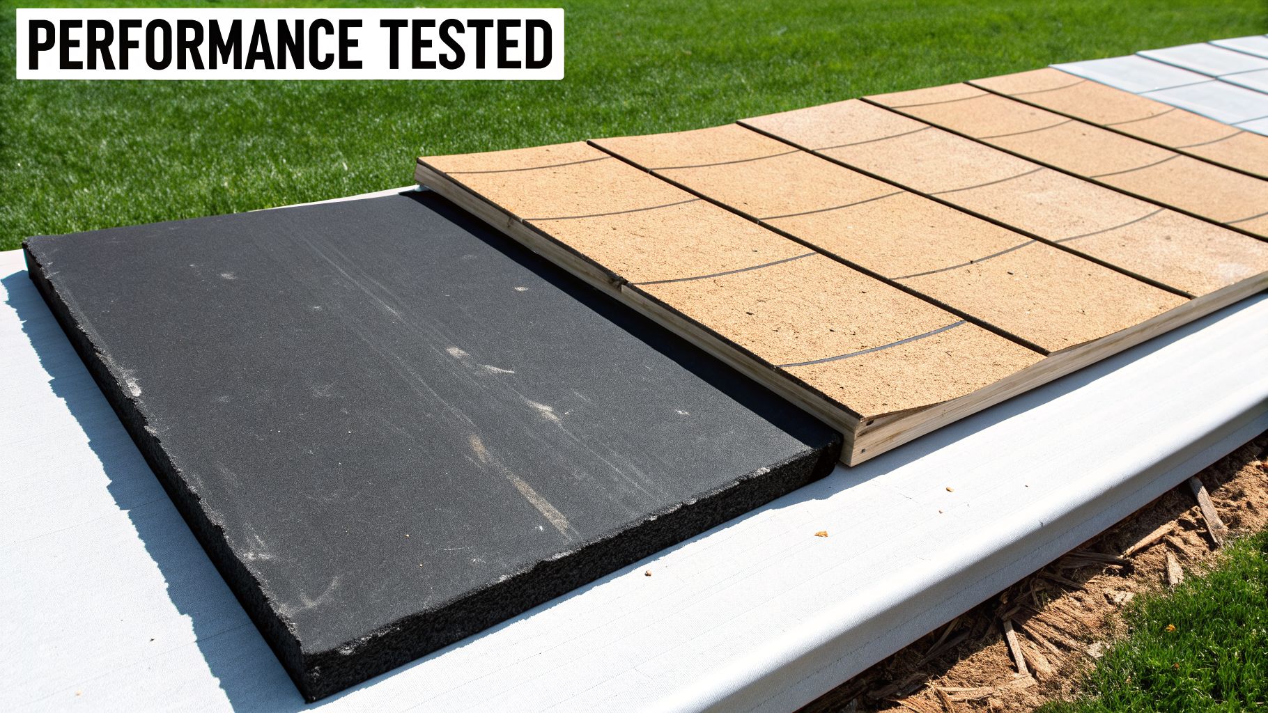 Samples of black roofing underlayment and brown architectural shingles displayed for performance testing.