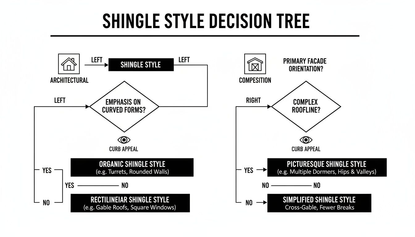 Decision tree illustrating shingle style choices based on architectural form, curved features, and roofline complexity.