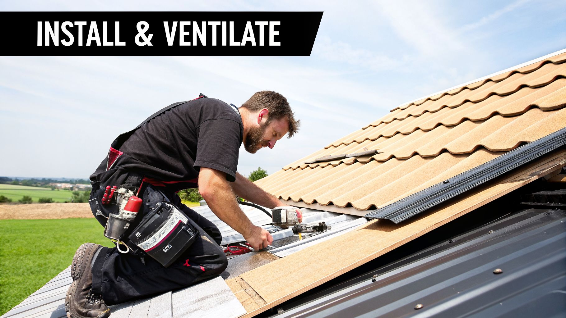 A roofer installing ventilation and underlayment materials on a residential metal and tiled roof.