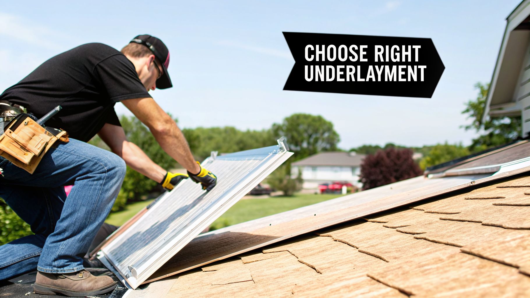 A roofer wearing yellow gloves and a tool belt installs a metal component or solar panel on a shingled roof.