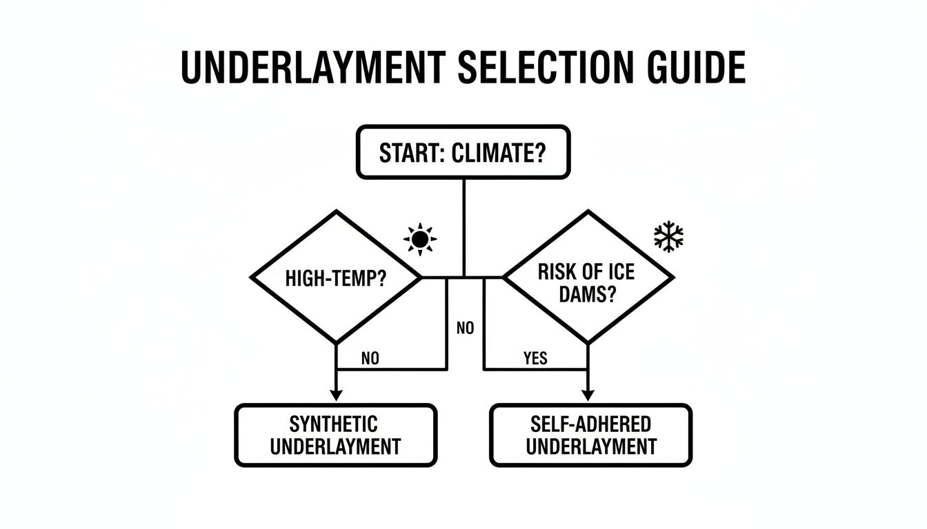 Underlayment selection guide flowchart for different climates and roofing conditions.