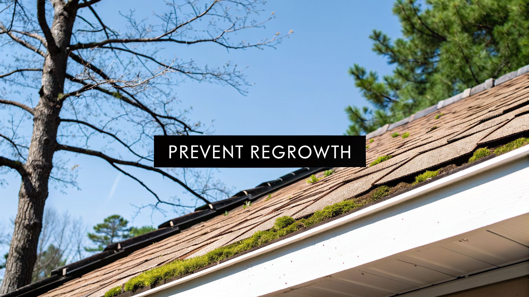 A house roof with brown shingles heavily covered in green moss, under a clear blue sky. Text: 'Prevent Regrowth'.