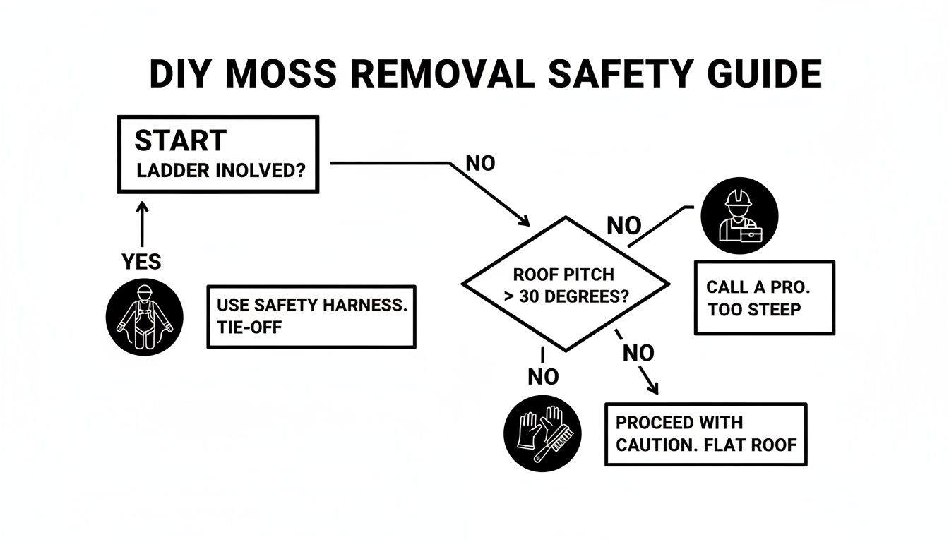 A DIY moss removal safety guide flowchart illustrating steps and precautions for roof work, including ladder use and roof pitch.