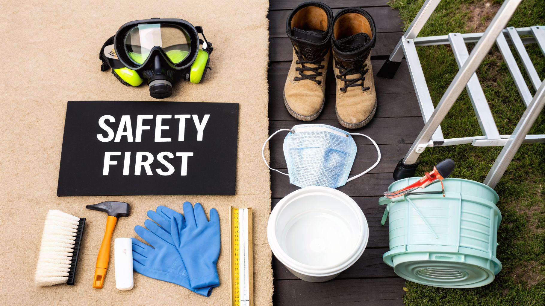 A flat lay of various safety and cleaning equipment, including a 'SAFETY FIRST' sign, boots, masks, and gloves.