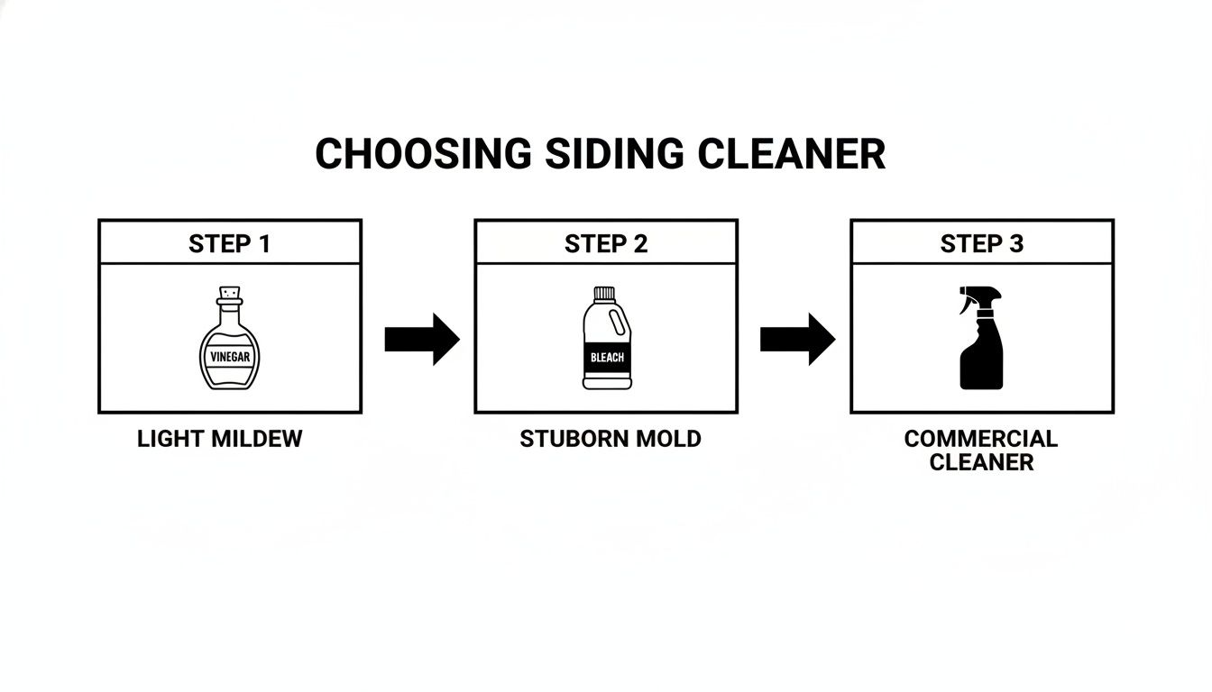 A three-step guide for choosing siding cleaner, featuring vinegar for light mildew, bleach for stubborn mold, and a commercial cleaner.