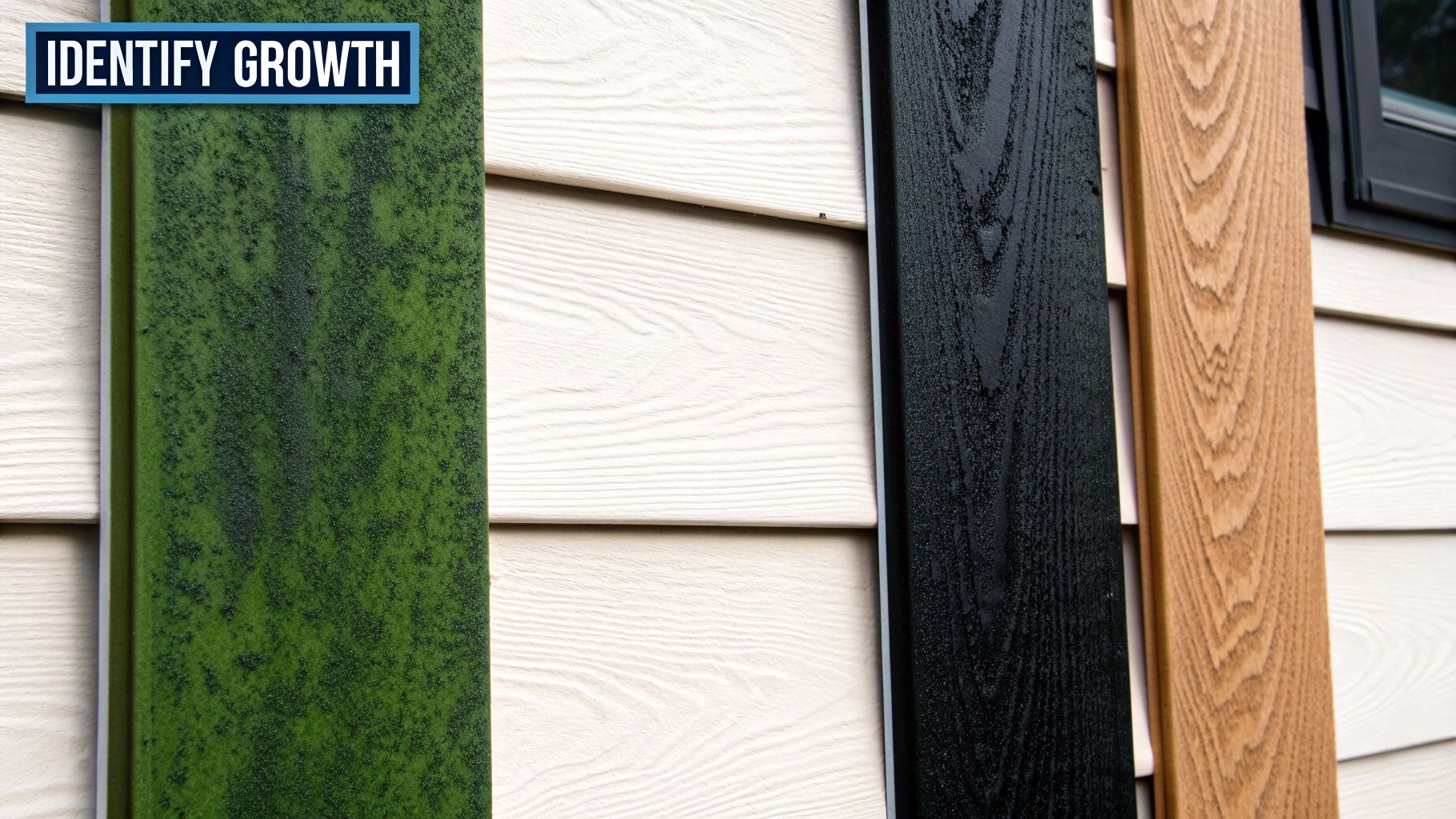 A close-up shows different types of building siding, one section visibly covered in green mold or algae.