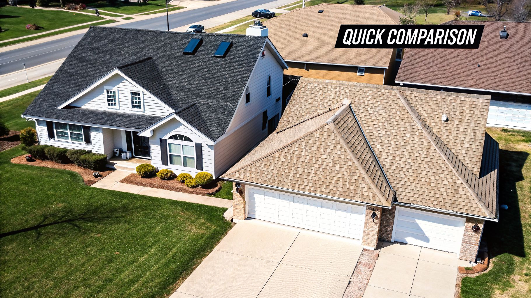 Aerial view comparing residential houses with different roof shingle styles and colors.
