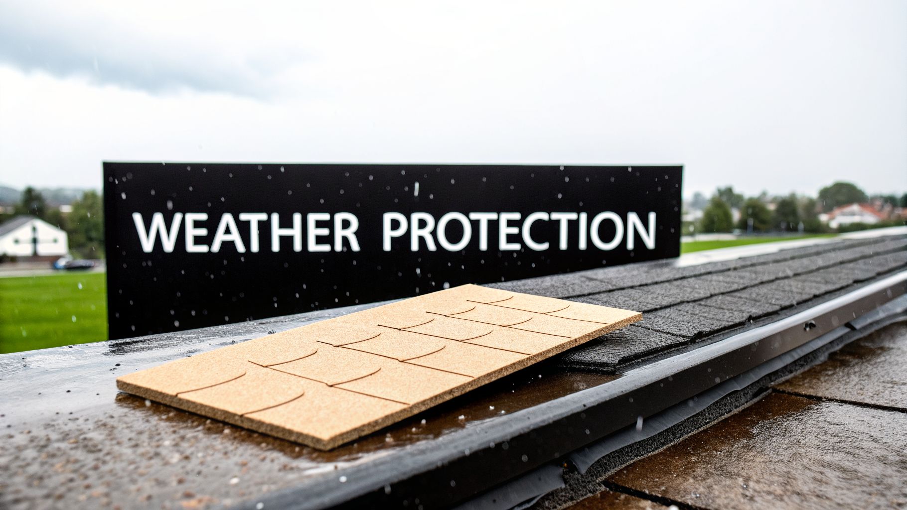 A close-up of roofing display showing shingles and a 'WEATHER PROTECTION' sign in the rain.