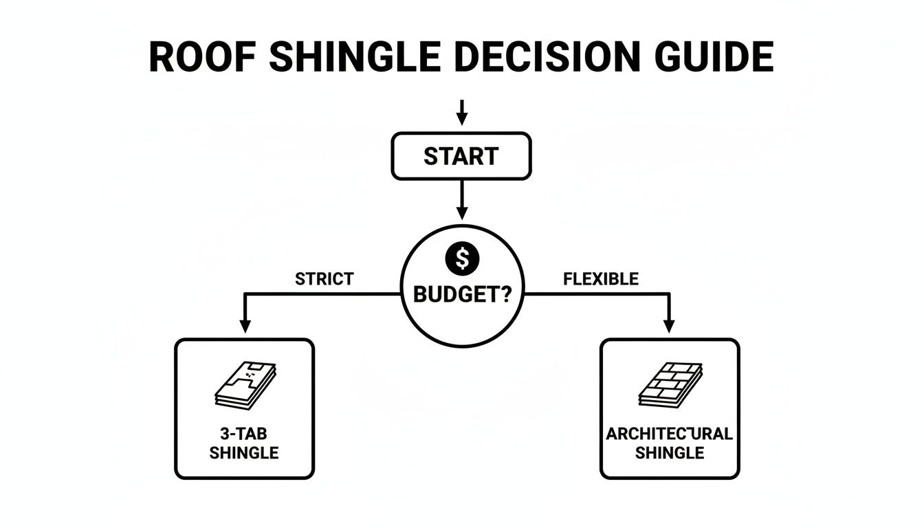 A flowchart guiding the decision between 3-tab and architectural roof shingles based on budget.