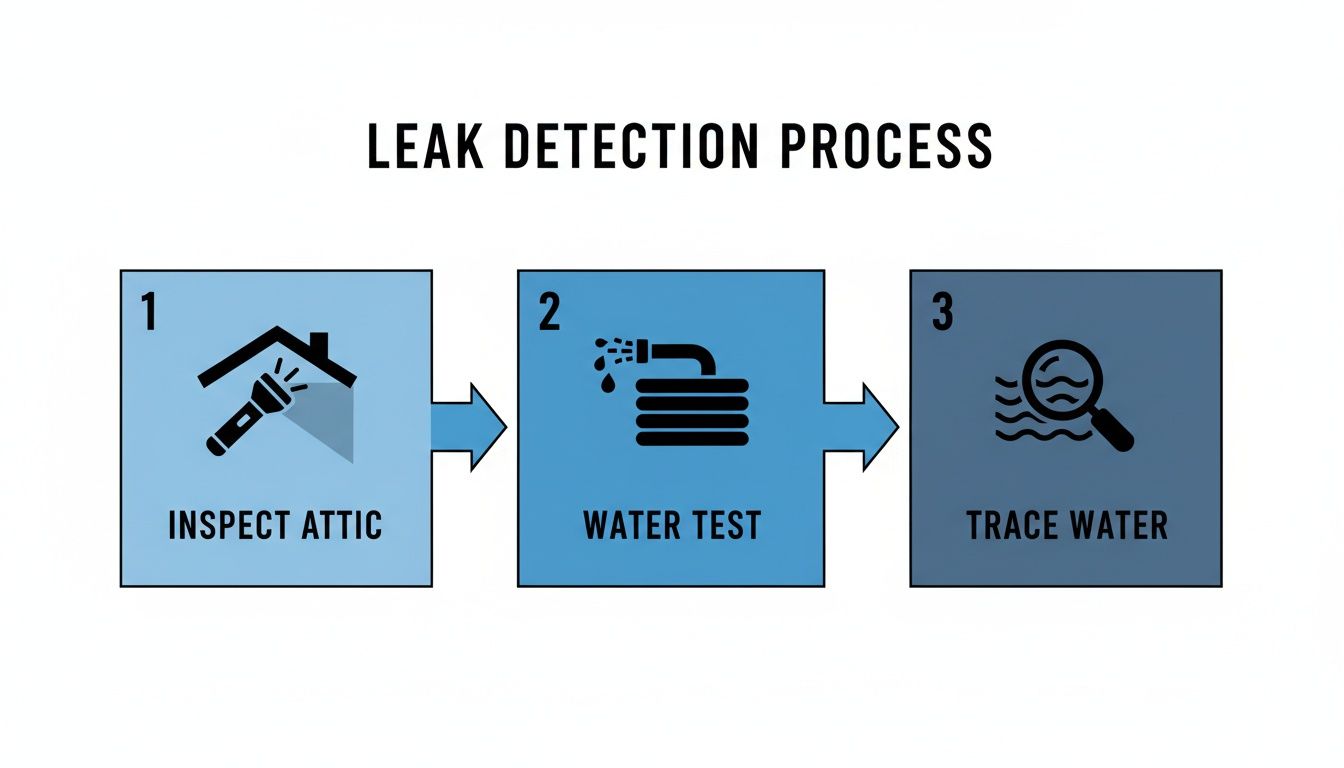 Flowchart outlining a three-step leak detection process: inspect attic, water test, and trace water.