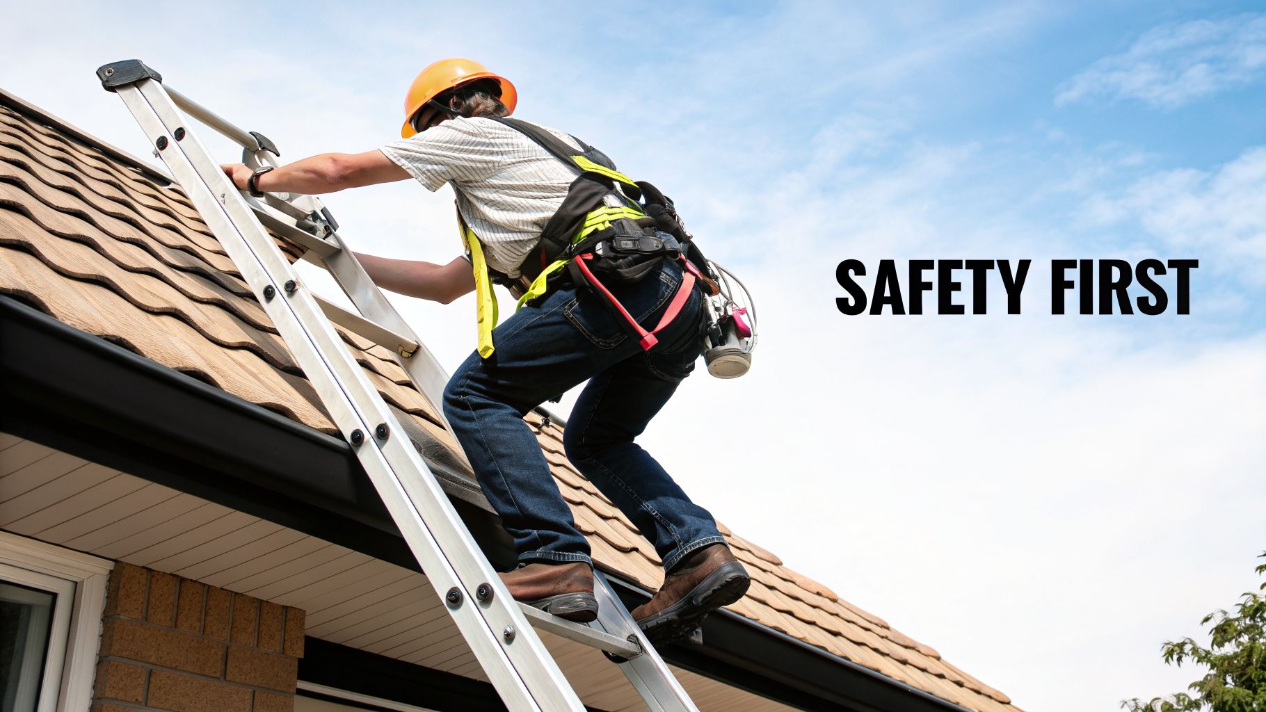 A construction worker wearing a hard hat and safety harness climbs a ladder onto a house roof, with "SAFETY FIRST" text.