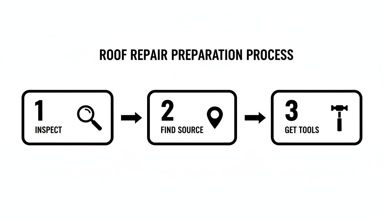 A three-step infographic outlining the roof repair preparation process: Inspect, Find Source, Get Tools.