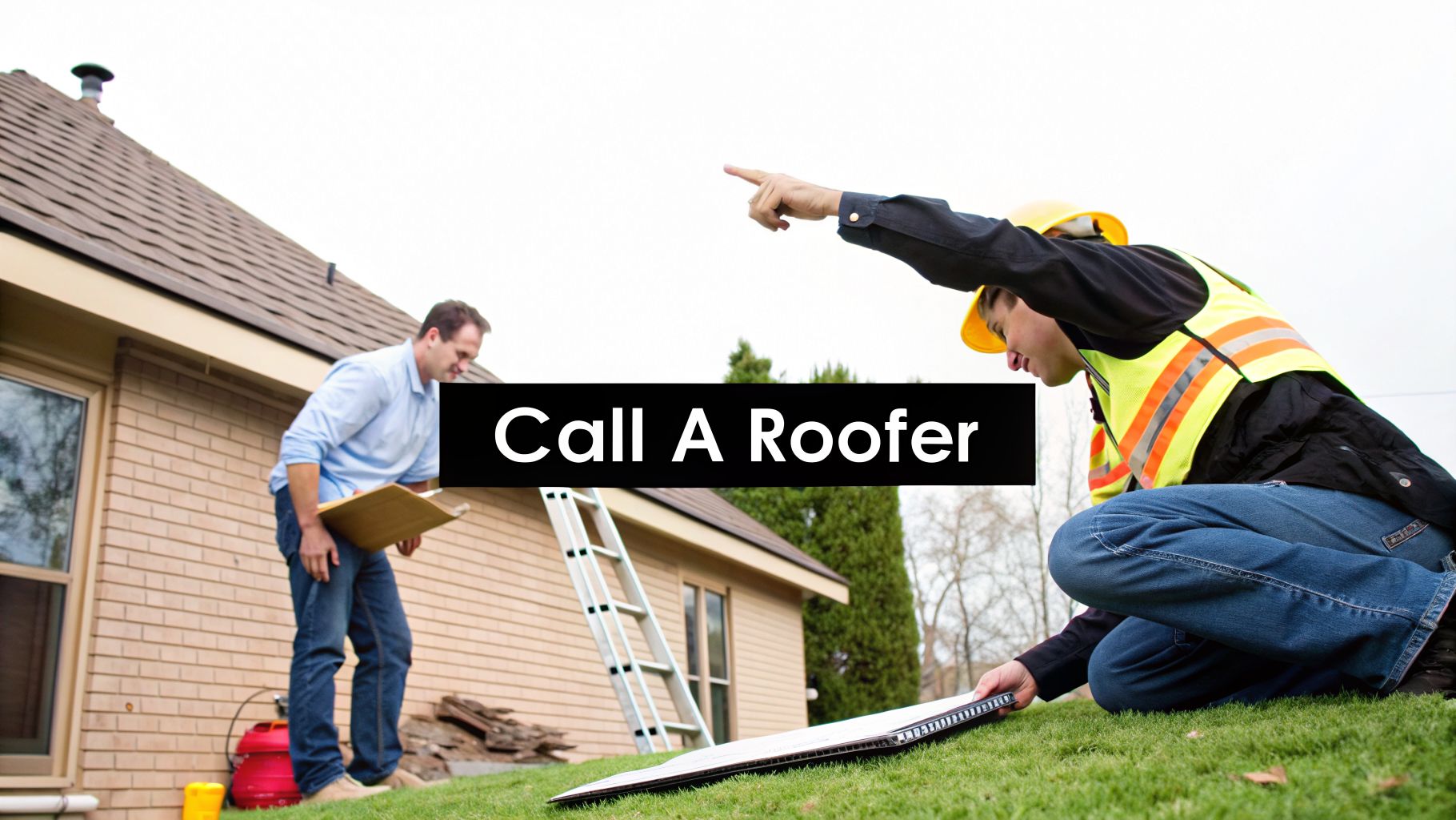 Two roofers, one pointing and one with a clipboard, inspecting a house exterior with a ladder, with text 'Call A Roofer'.