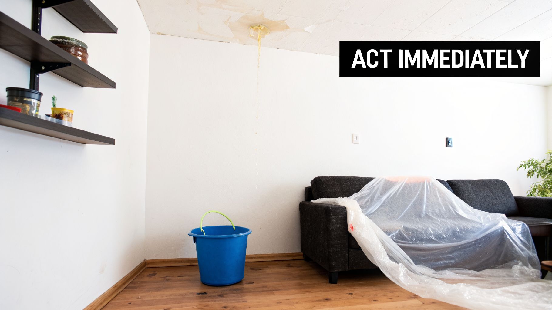 Water leaks from a damaged ceiling into a blue bucket, protecting a couch and furniture.
