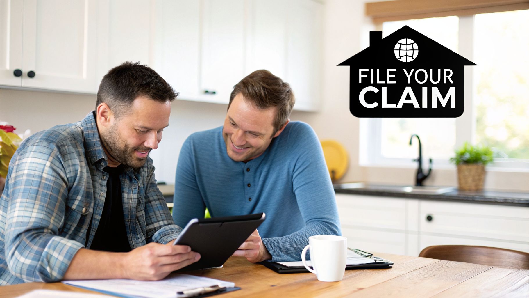 Two men in a modern kitchen reviewing documents on a tablet, with a 'FILE YOUR CLAIM' icon overlaid.