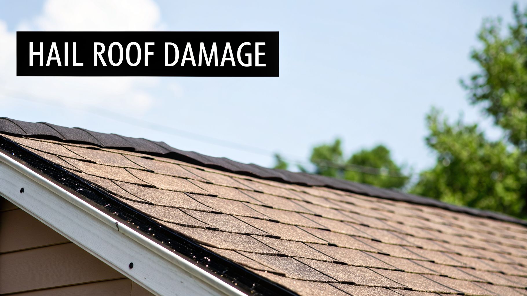 Close-up of a residential roof with brown shingles under a blue sky, showing text 'HAIL ROOF DAMAGE'.
