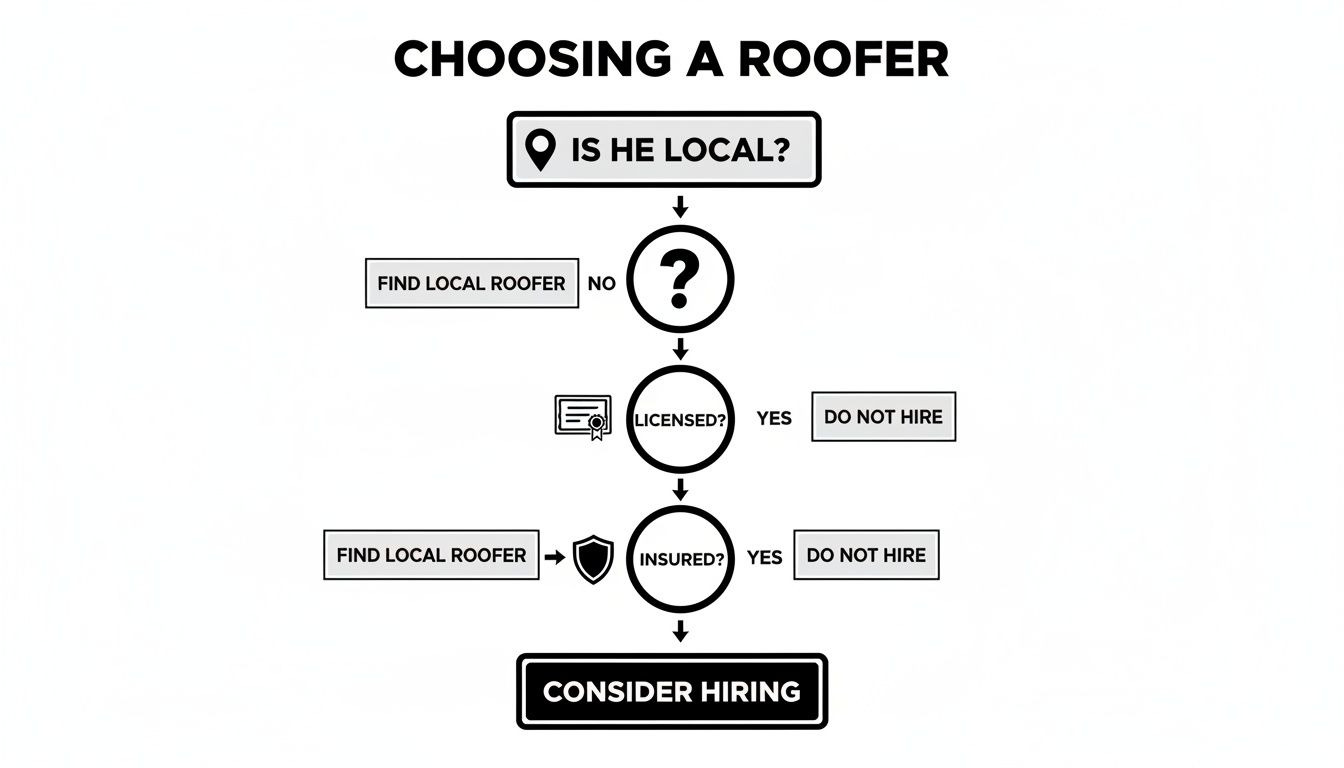 A flowchart guiding homeowners on choosing a roofer, emphasizing local, licensed, and insured checks.