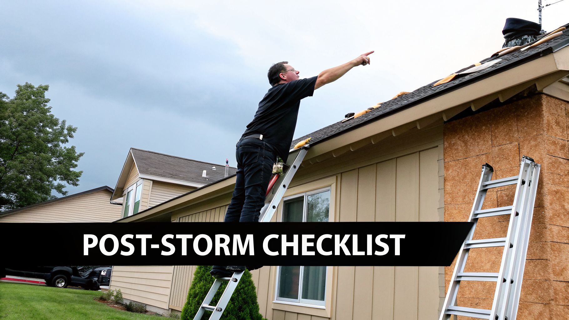 A man on a ladder inspecting a damaged roof after a storm, pointing to missing shingles.