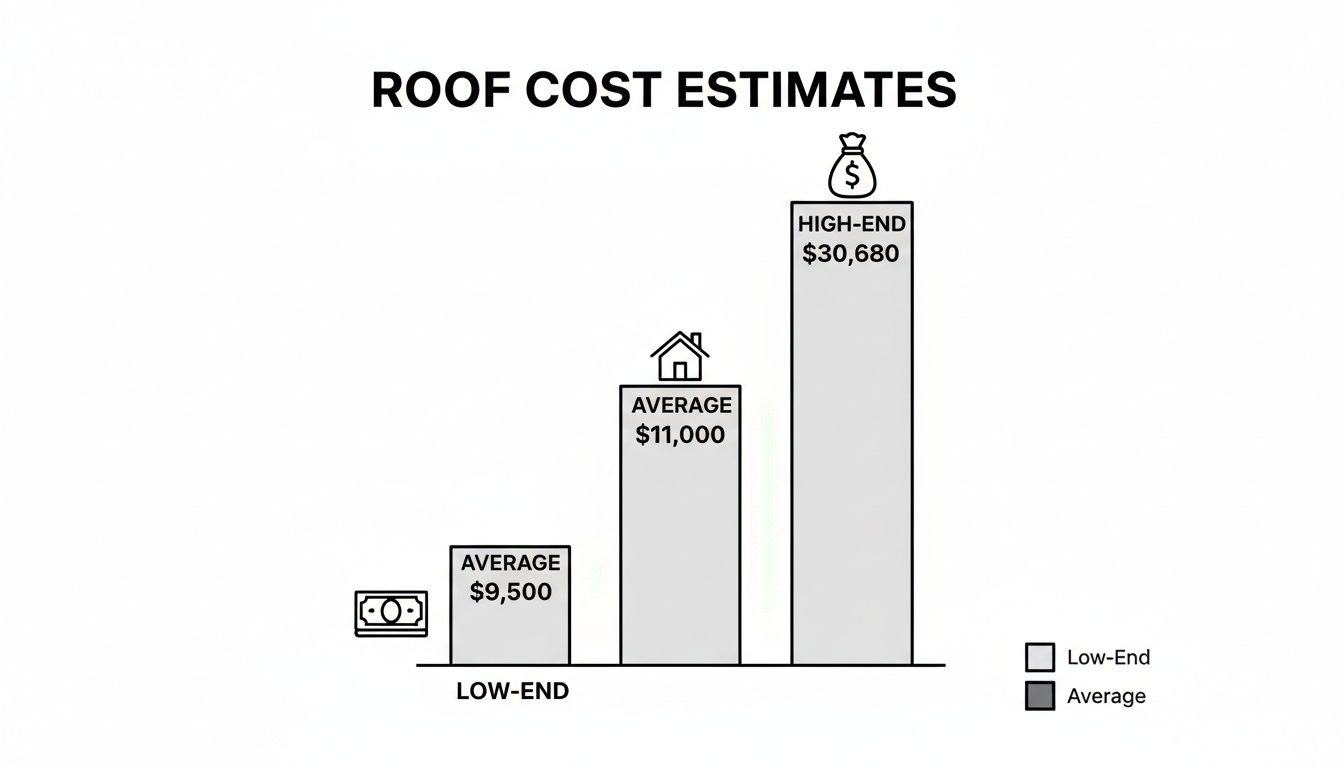 Bar chart illustrating roof cost estimates: low-end average $9,500, average $11,000, and high-end $30,680.