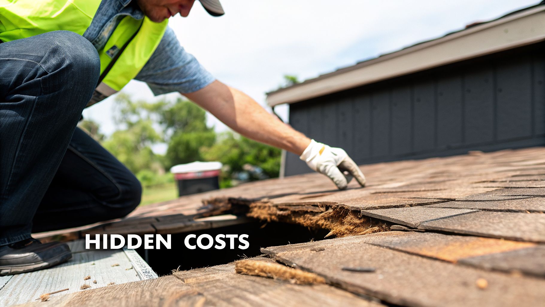 A worker inspects severe damage on an old roof, revealing a large hole and potential hidden costs.