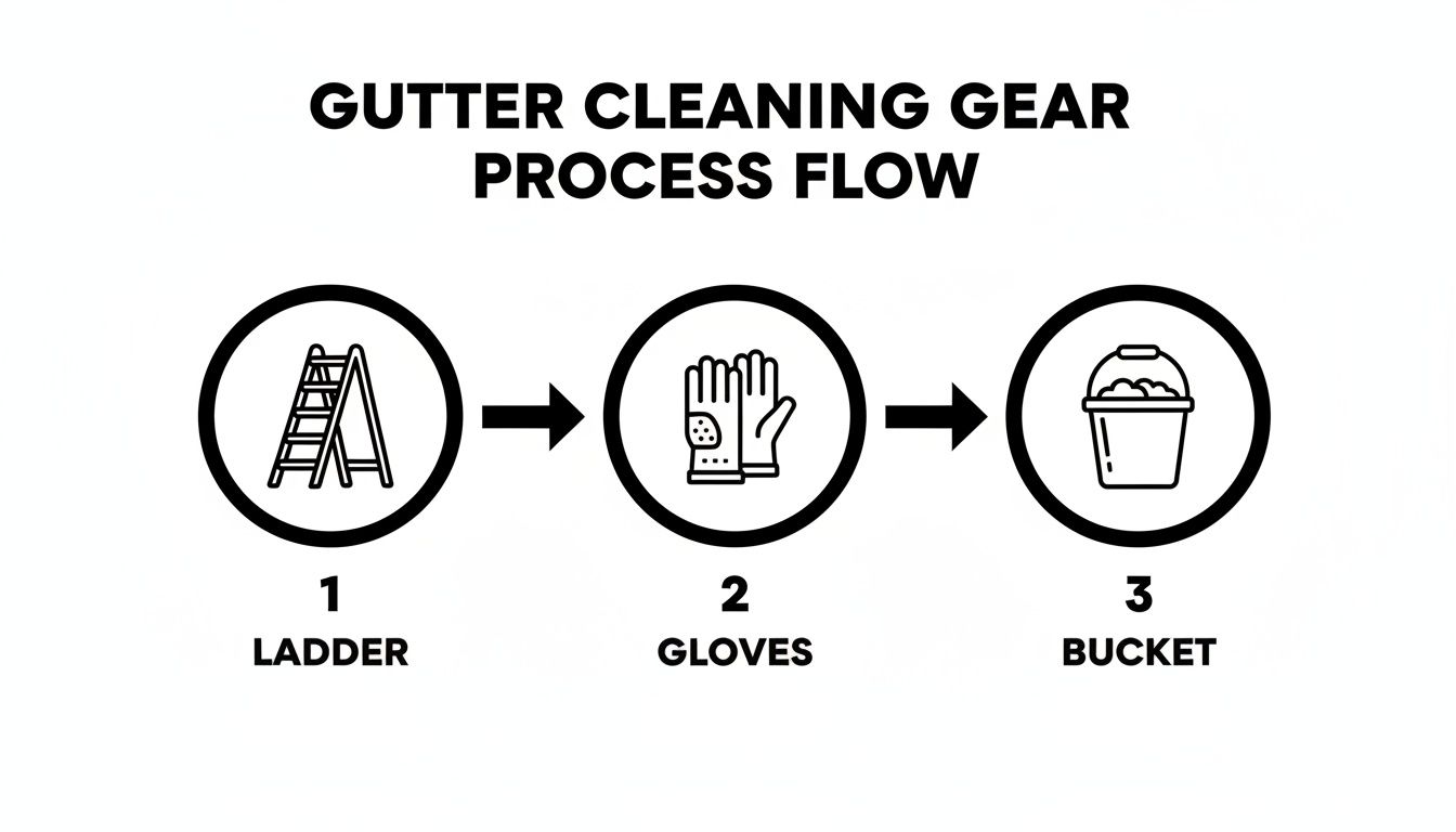 A simple flowchart showing the essential gear for gutter cleaning: a ladder, gloves, and a bucket.