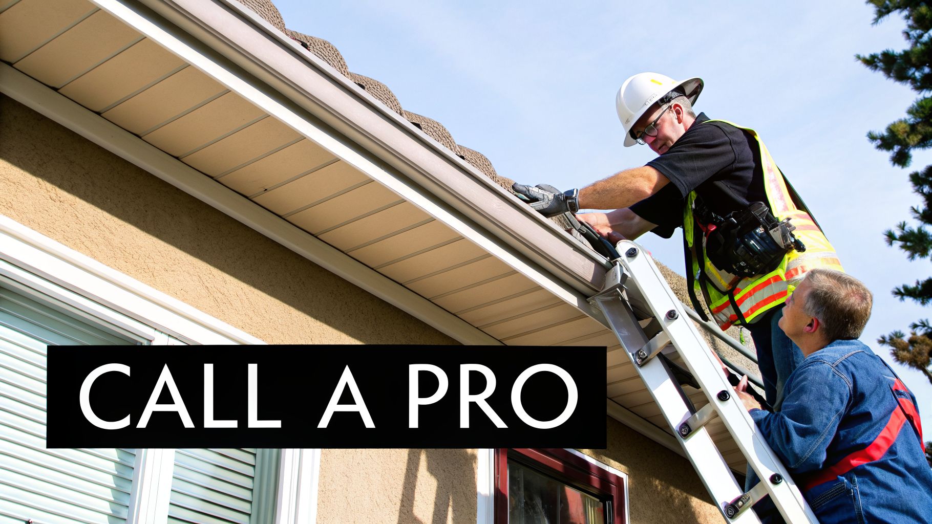 A professional on a ladder cleans a house gutter, while another man watches from below.