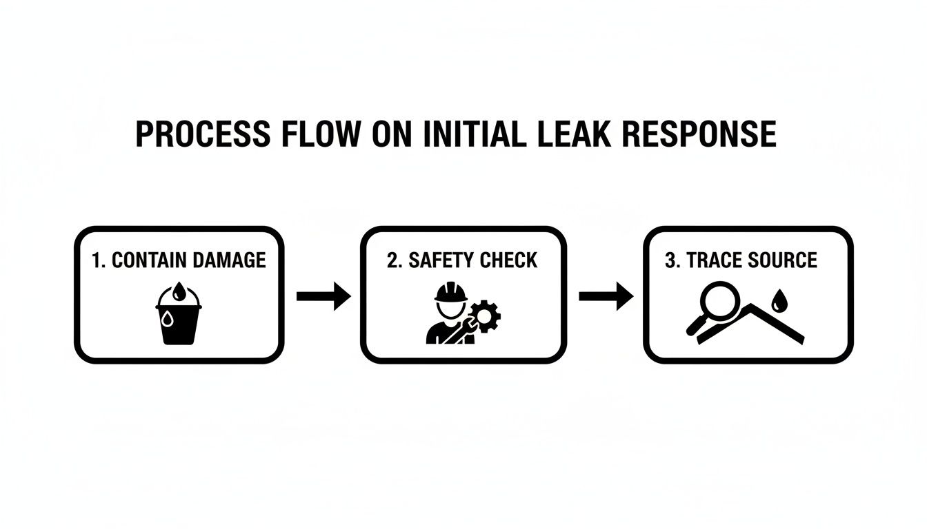 Flowchart outlining initial leak response steps: contain damage, safety check, and trace source.