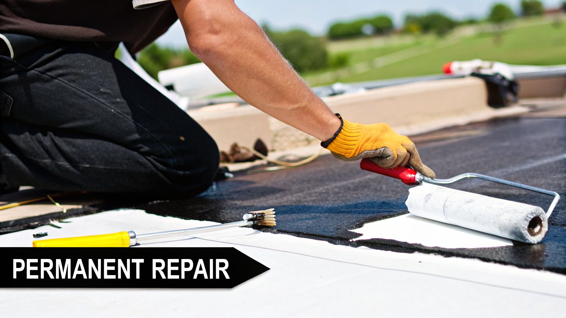 A person in yellow gloves applies white coating with a roller to a dark flat roof for permanent repair.