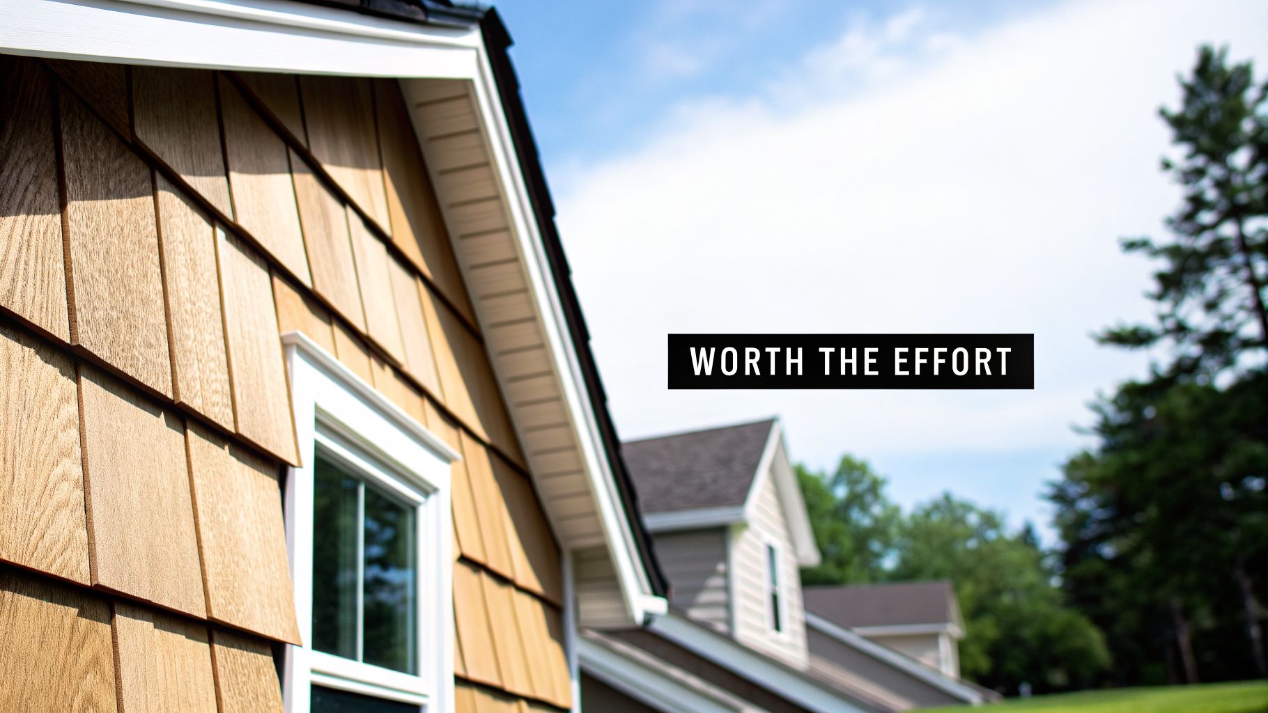 Close-up of a house featuring natural wood cedar shake siding and a white-trimmed window. Text: "WORTH THE EFFORT".
