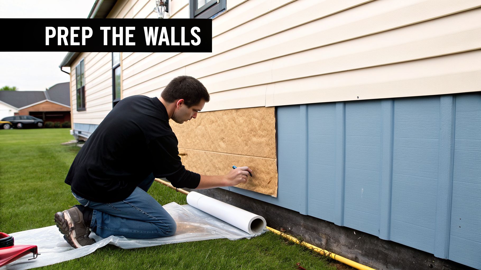A man kneels on a plastic sheet, marking the wall to prepare for new siding installation.