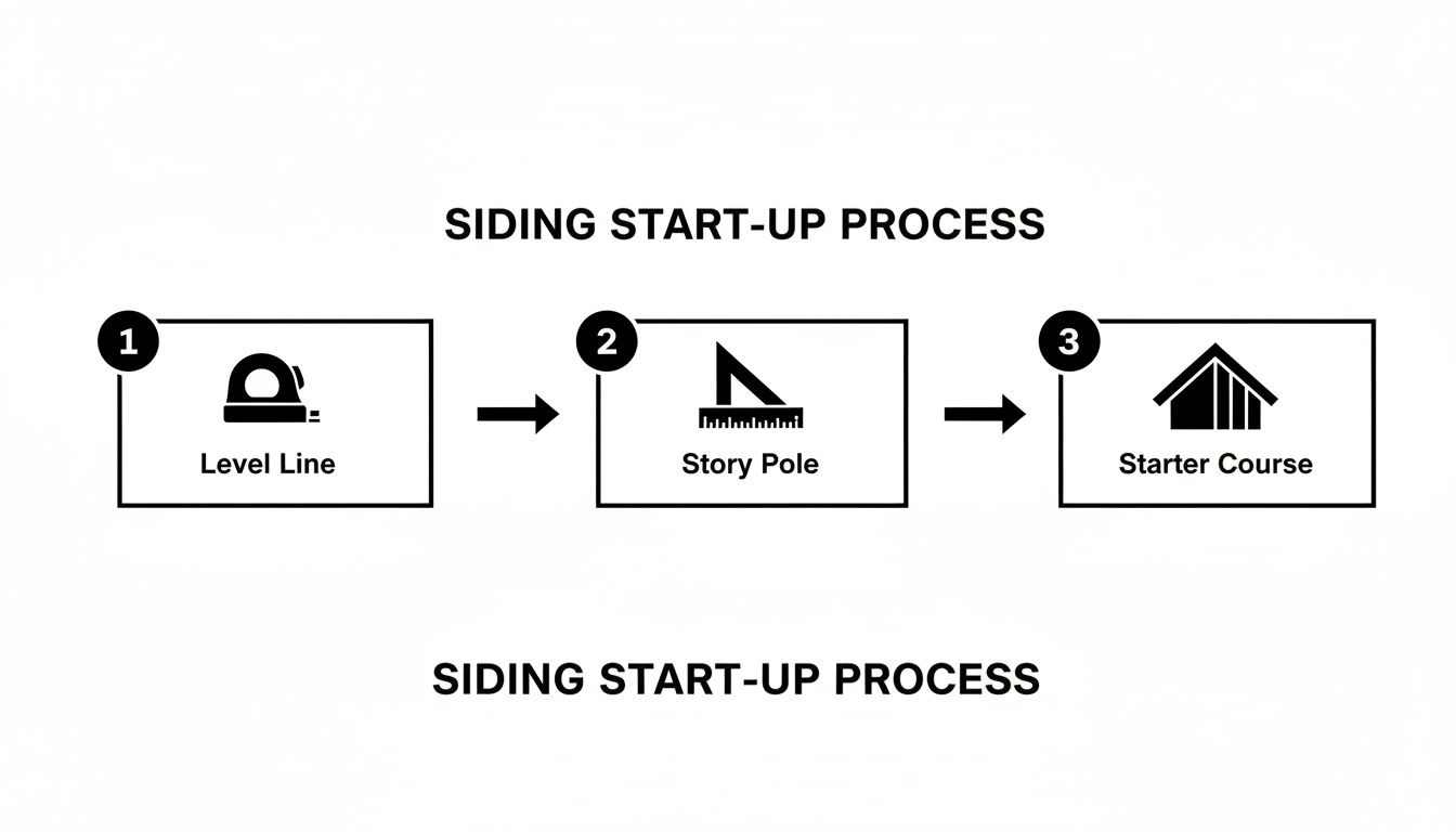 A diagram illustrating the three-step siding start-up process: Level Line, Story Pole, and Starter Course.