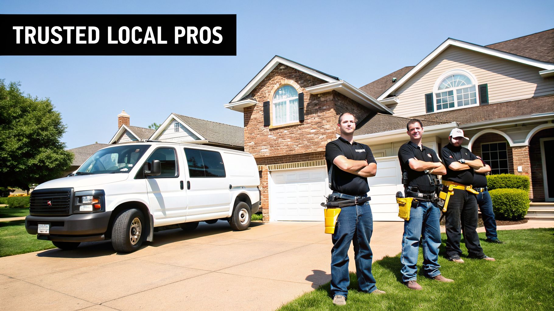 Three professional contractors in black shirts and tool belts stand with a work van.