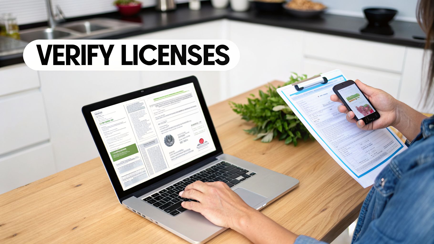 A person uses a laptop, smartphone, and clipboard to verify licenses, performing administrative tasks.