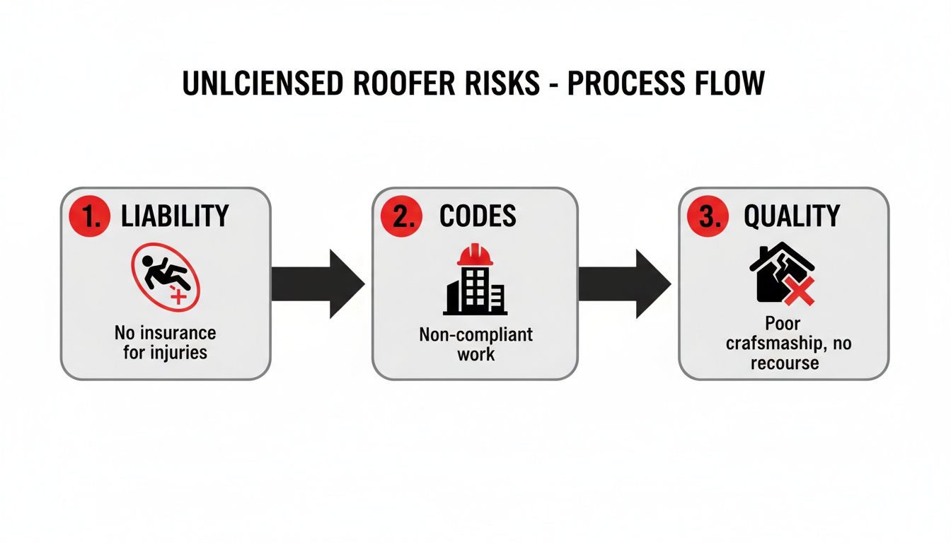 Flowchart illustrating the risks of hiring an unlicensed roofer: liability, code violations, and poor quality.