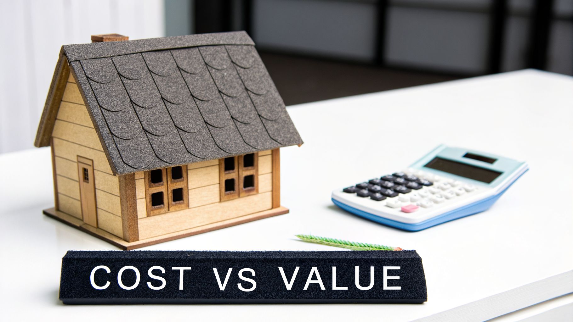 A miniature wooden house model with a calculator and a 'COST VS VALUE' sign on a white desk.
