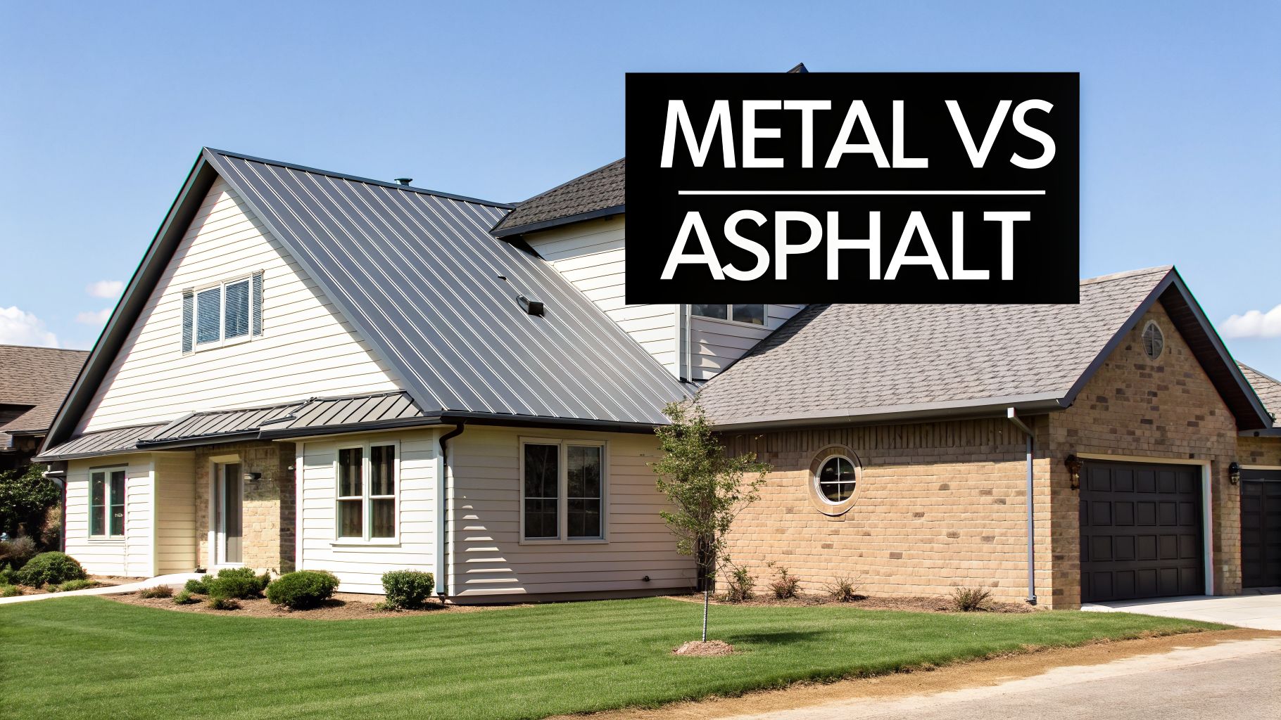 A modern house featuring both gray standing seam metal and asphalt shingle roofs under a clear blue sky, with a 'METAL VS ASPHALT' overlay.