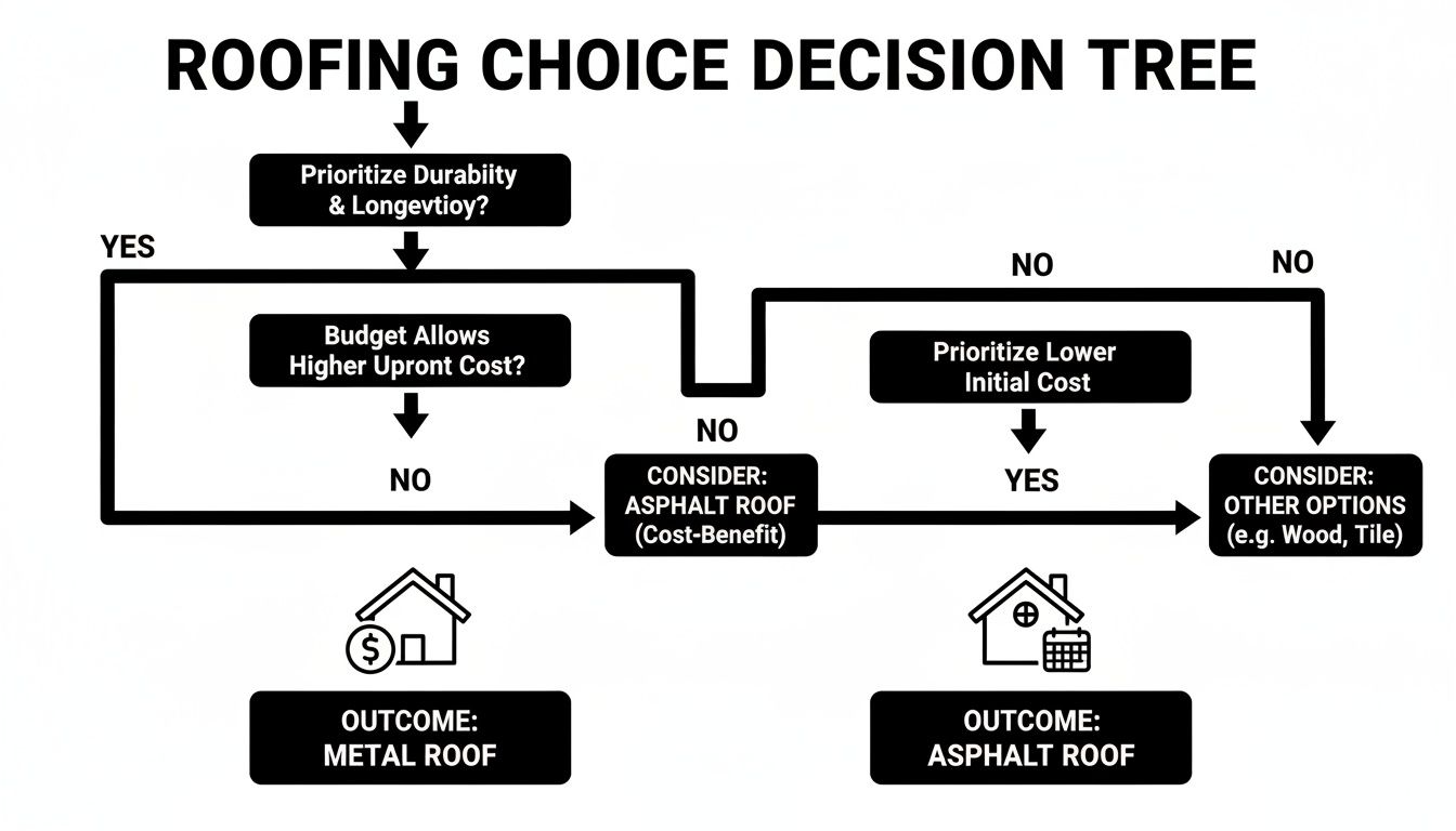 Decision tree flowchart guiding roofing choices based on priorities like durability, longevity, and initial cost.
