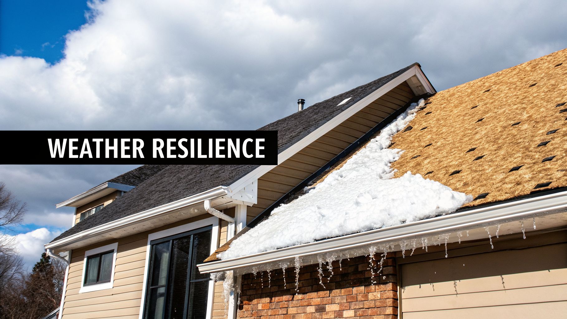 A house roof covered in melting snow and icicles, illustrating winter weather resilience.