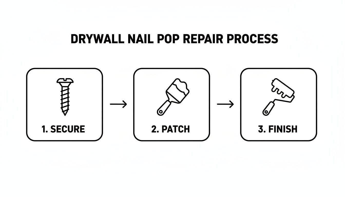 A three-step infographic showing the drywall nail pop repair process: secure, patch, and finish.