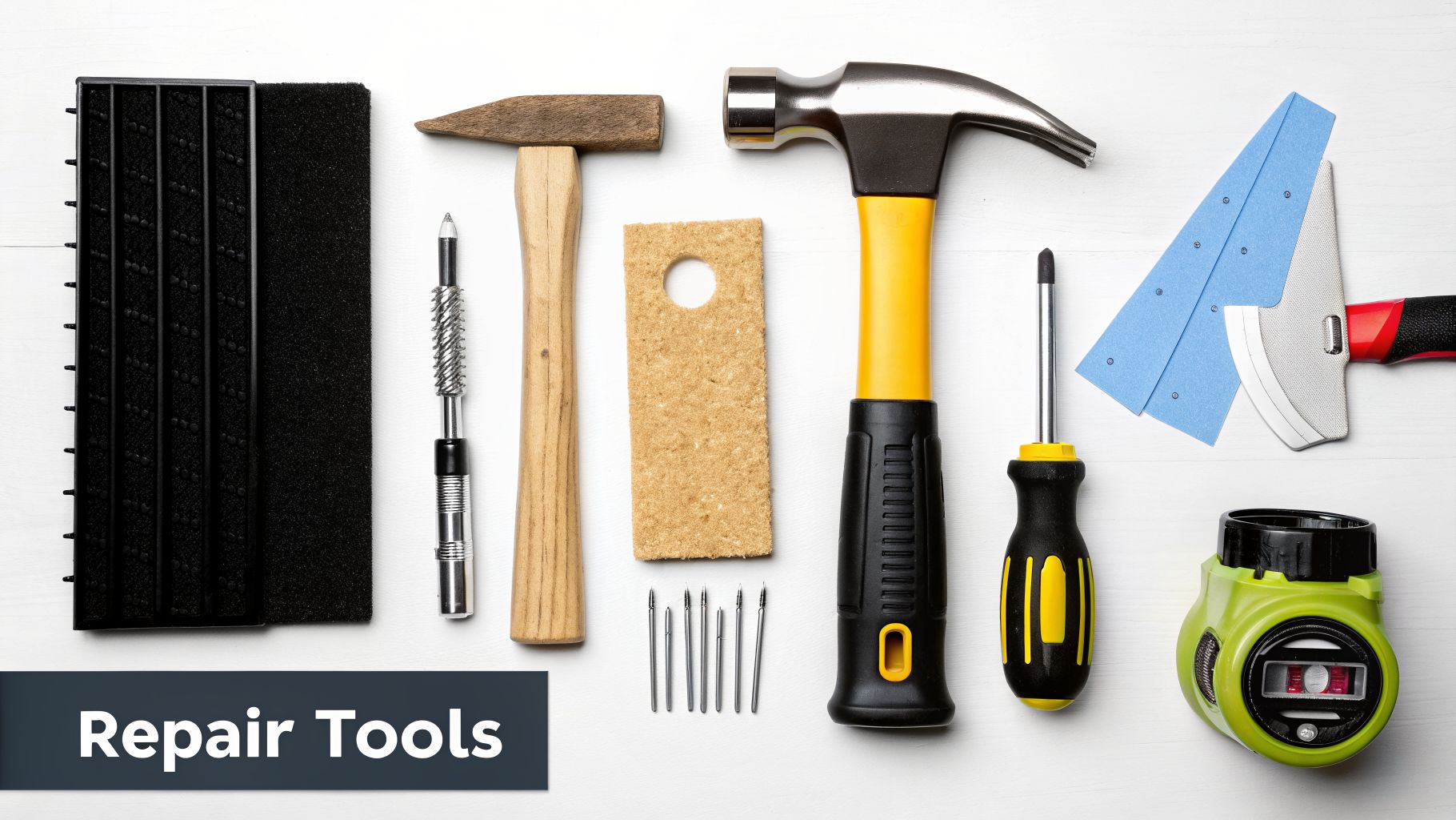 A collection of essential hand tools for home repair, including hammers, screwdrivers, and a level.