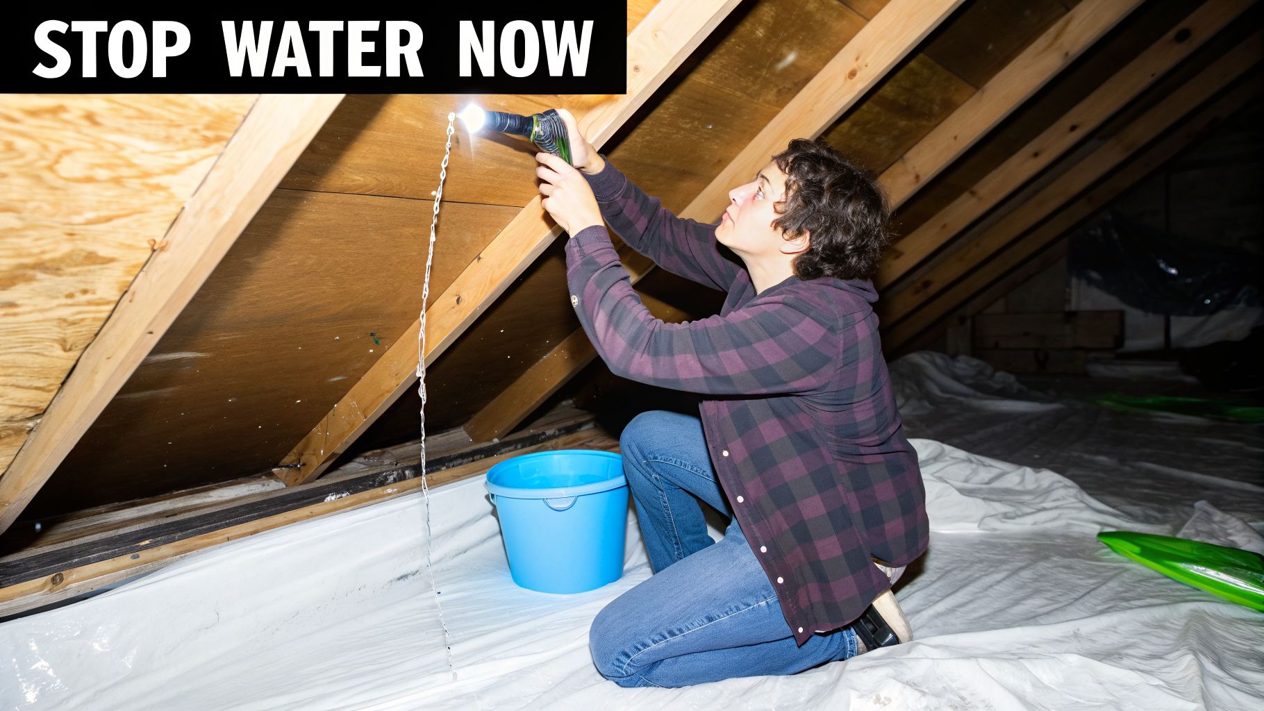 Person with a flashlight inspecting a leaking attic roof, with a blue bucket collecting water.