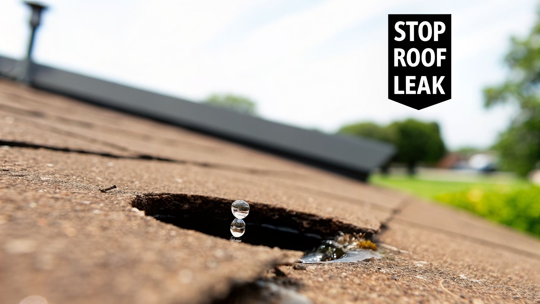 Close-up of a damaged brown roof shingle with a visible hole and two water droplets leaking.