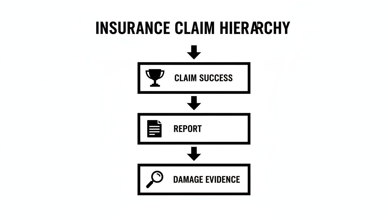 A flowchart outlines the insurance claim hierarchy, detailing claim success, report, and damage evidence steps.